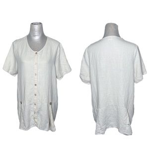 Homefrocks Lagenlook 100% Linen Embroidered Pleated Button Down Tunic Top